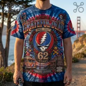 Grateful Dead Haight Ashbury 1965-2027 Anniversary Shirt featuring tie-dye colors, band skeletons, and dancing bears.