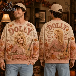 Dolly Parton Forever Autumn Ugly Sweater with front and back views featuring autumnal leaves, guitar, and country motifs.