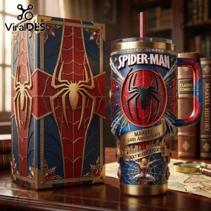 Spider-Man Marvel 64th Anniversary Stanley Tumbler featuring embossed spider logos, red and blue metallic finish, and straw.