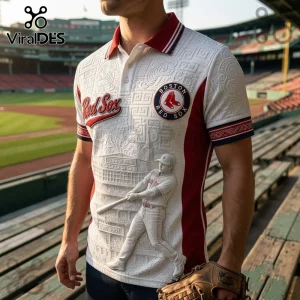 Boston Red Sox Embossed Fenway Park Polo Shirt featuring 3D baseball player graphic and team logo on white fabric.