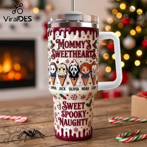 Personalized Horror Movie Character 40oz Stanley Tumbler featuring ice cream cone villains, festive text, and drip design.