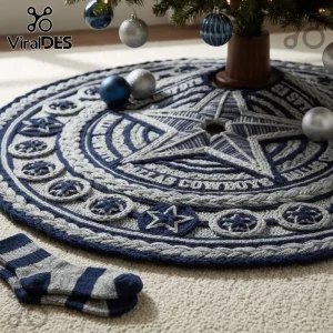Dallas Cowboys Knitted Christmas Tree Skirt 2026 featuring a blue and grey star pattern with team name text.