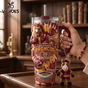 Brisbane Broncos 38th Anniversary YETI Stanley Tumbler featuring team mascot, stadium graphics, and maroon and gold colors.