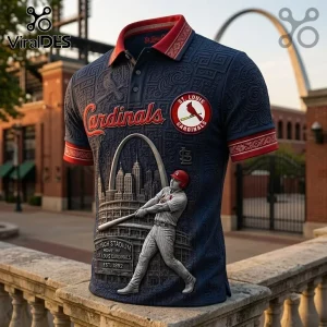 St. Louis Cardinals Busch Stadium Polo Shirt featuring a navy base, red trim, baseball player graphic, and team logos.