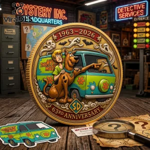 Scooby Doo Mystery Machine 63rd Anniversary Coin featuring Scooby and Shaggy in front of the van with a 1963-2026 date.