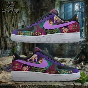 Hocus Pocus Sanderson Sisters purple Air Force 1 sneakers with character graphics and iconic movie quotes on white soles.