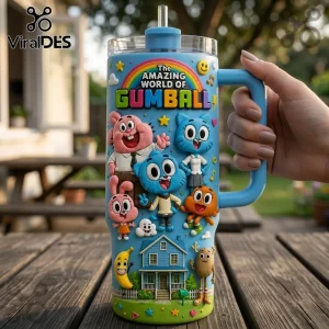 The Amazing World of Gumball Character Stanley Tumbler featuring Gumball, Darwin, and Anais on a blue insulated cup.