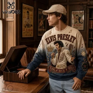 Elvis Presley The King Lives On Blue Ombre Ugly Sweater featuring Elvis singing with a crown and microphone graphics.