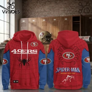 San Francisco 49ers x Spider-Man Brand New Day Hoodie featuring red and blue spiderweb patterns and team logo graphics.