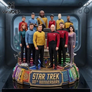 Star Trek 60th Anniversary Sculpted Character Diorama featuring iconic cast members on a backlit multi-level circular base.