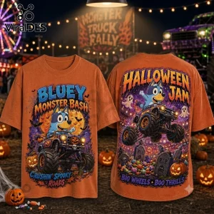 Bluey Halloween Monster Bash Orange T-Shirt displaying Bluey driving a monster truck against a graveyard background.