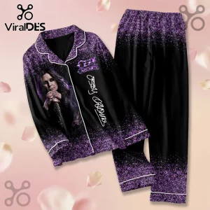 Ozzy Osbourne Purple Glitter Satin Pajama Set featuring a portrait of Ozzy and stylized text on a black gradient background.