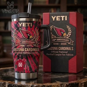Arizona Cardinals Tie-Dye 40 oz Handle Tumbler with red and black pattern, featuring 128th anniversary logo and jersey icon.