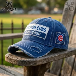 MLB Chicago Cubs 150th Anniversary Distressed Baseball Cap in blue denim with white patch and fraying on the visor.