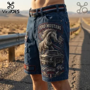Ford Mustang American Muscle navy blue casual shorts featuring a graphic of a galloping horse and classic car.
