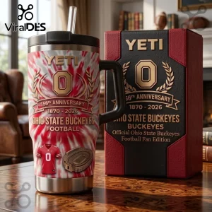 Ohio State Buckeyes 156th Anniversary Stanley Tumbler with red tie-dye pattern, logo, and matching presentation box.