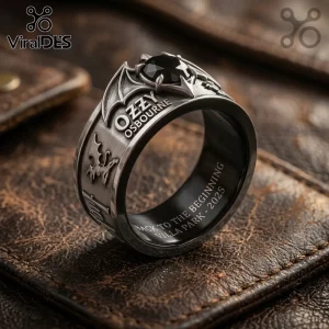Ozzy Osbourne Villa Park 2025 black stainless steel ring featuring a black stone, bat wings, and engraved concert details.