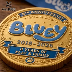 Bluey 8th Anniversary Gold Commemorative Coin with raised blue enamel logo and dates 2018-2026 on a metallic gold background.