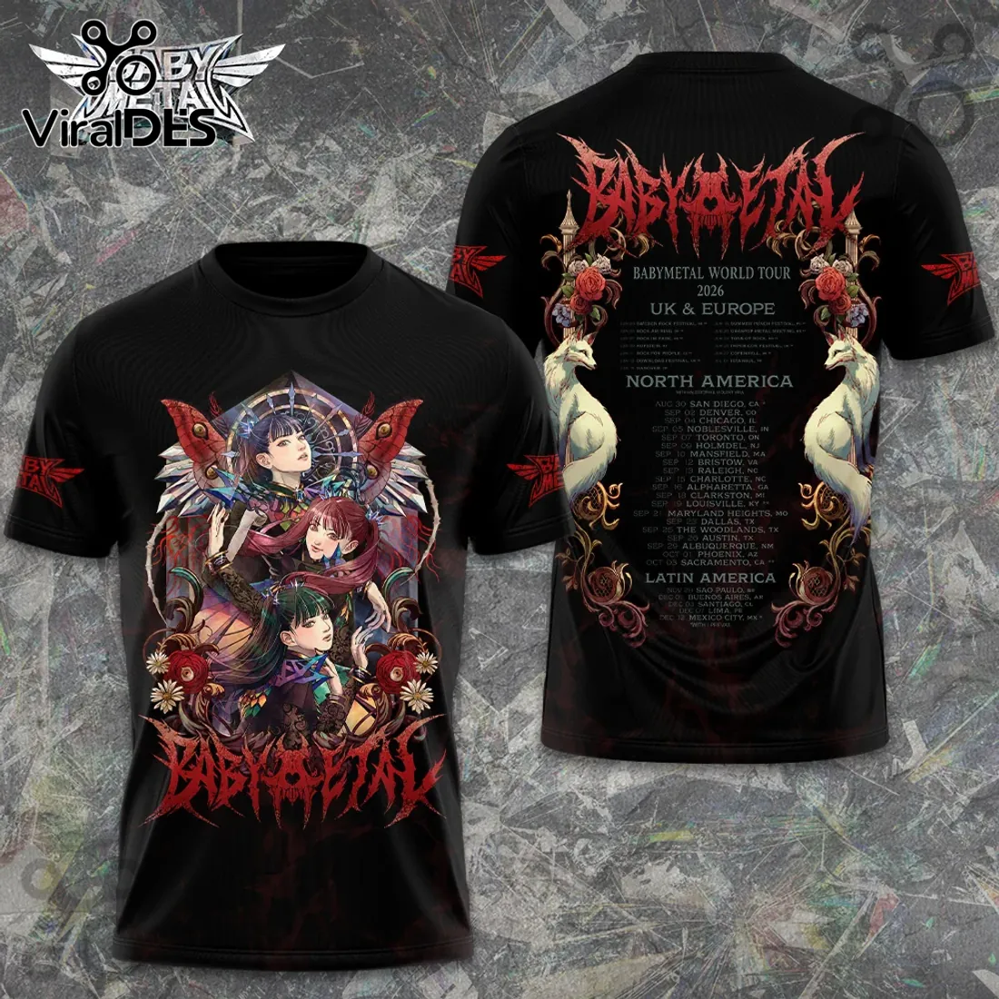 Babymetal World Tour 2026 Illustrated Black T-Shirt Babymetal World Tour 2026 Illustrated Black T-Shirt