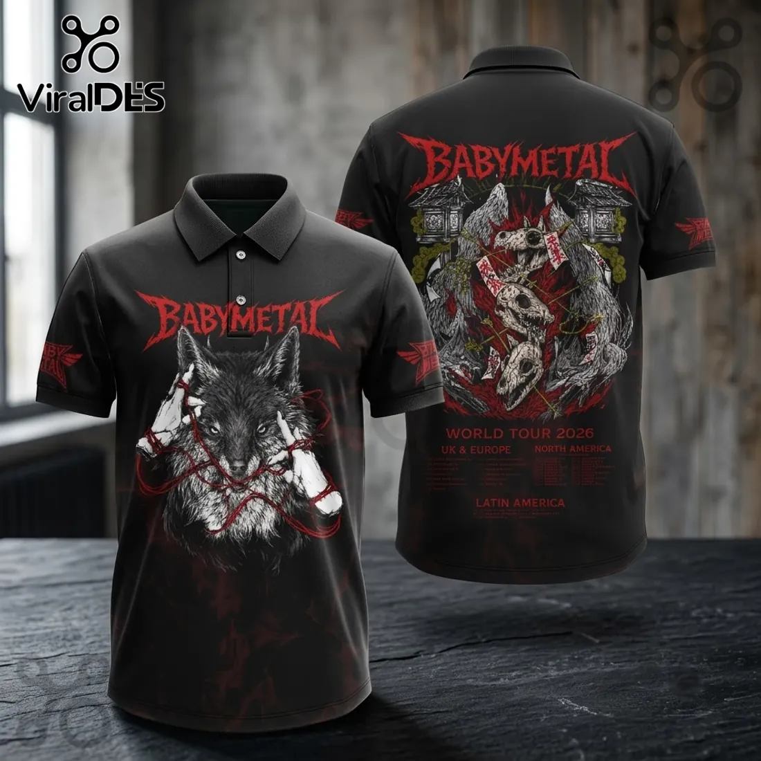 Babymetal World Tour 2026 Wolf Logo Polo Shirt Babymetal World Tour 2026 Wolf Logo Polo Shirt