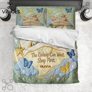 Personalized Grogu Galaxy Bedding Set featuring a sleeping Grogu, gold stars, blue butterflies, and custom name Olivia.