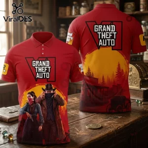 Grand Theft Auto VI Red Premium Polo Shirt featuring Western-style character graphics and the series logo on both sides.