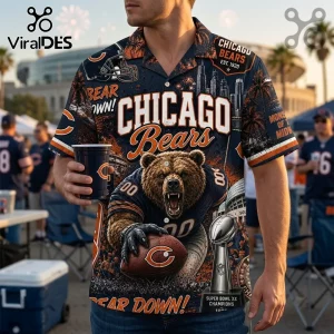 Chicago Bears 1985 Champions Hawaiian shirt featuring a bear graphic, Super Bowl trophy, and navy blue city skyline theme.