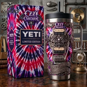 Ozzy Osbourne Prince of Darkness 40oz Stanley Tumbler featuring purple lightning tie-dye, guitar bridge, and skull motif.