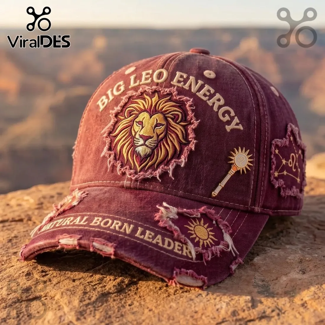 Big Leo Energy Embroidered Maroon Distressed Baseball Cap Big Leo Energy Embroidered Maroon Distressed Baseball Cap