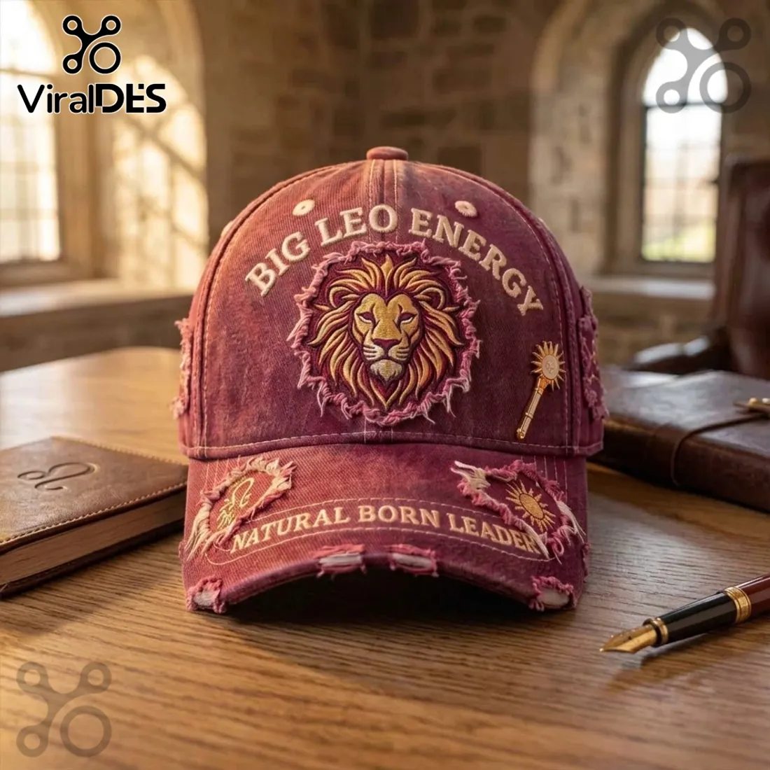 Big Leo Energy Embroidered Maroon Distressed Baseball Cap Big Leo Energy Embroidered Maroon Distressed Baseball Cap