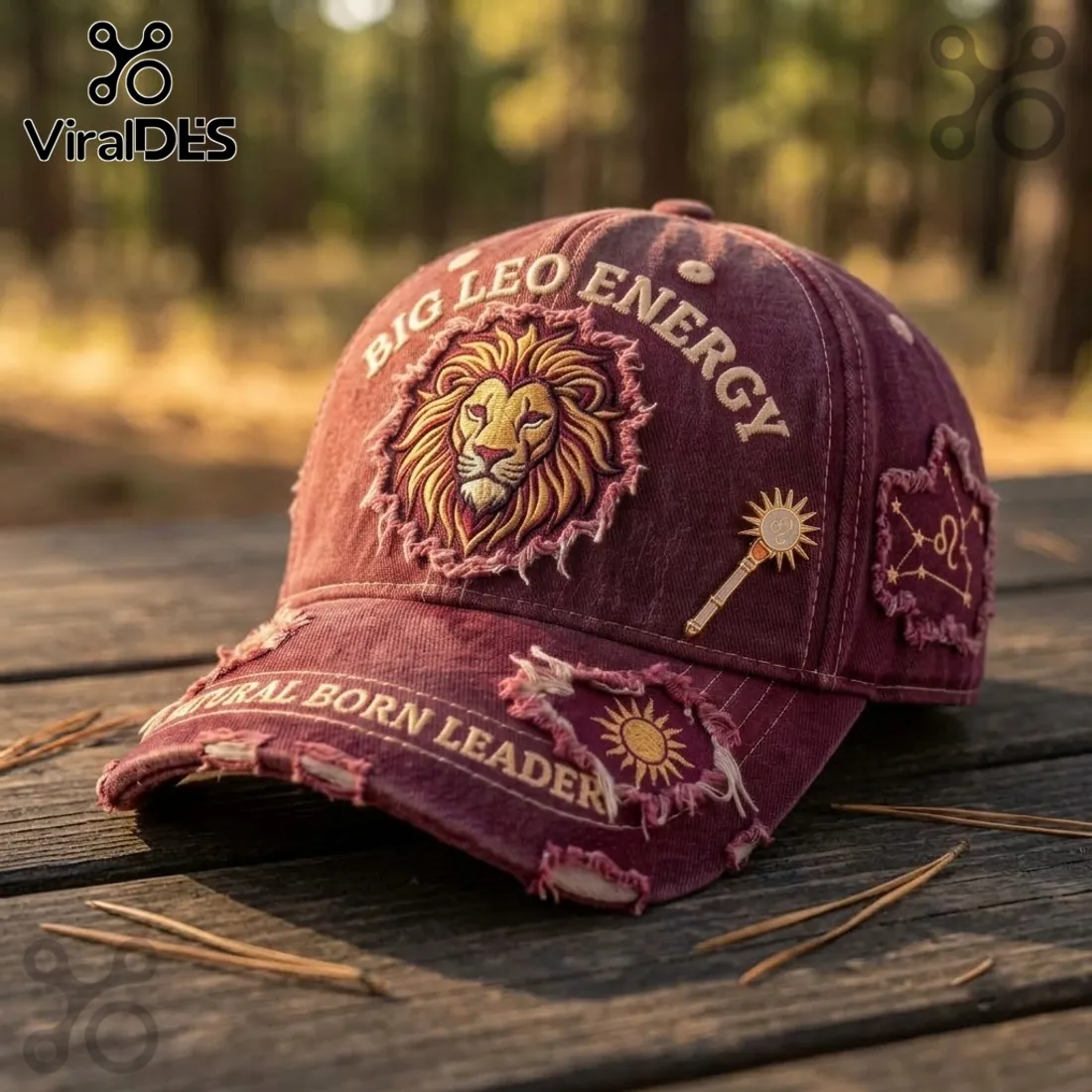 Big Leo Energy Embroidered Maroon Distressed Baseball Cap Big Leo Energy Embroidered Maroon Distressed Baseball Cap