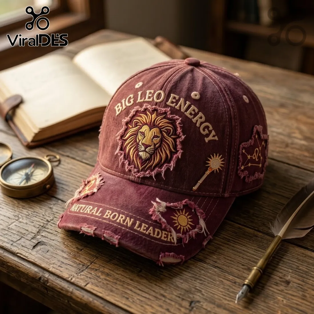 Big Leo Energy Embroidered Maroon Distressed Baseball Cap Big Leo Energy Embroidered Maroon Distressed Baseball Cap