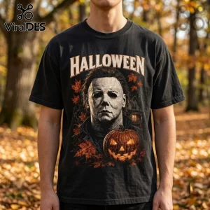 Halloween Michael Myers The Night He Came Home shirt featuring a masked character, jack-o'-lantern, and leaves on black cotton.