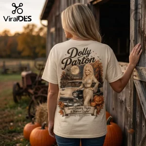 Dolly Parton Sweet Country Nights T-Shirt featuring a vintage car, pumpkins, and autumn trees on a cream fabric base.