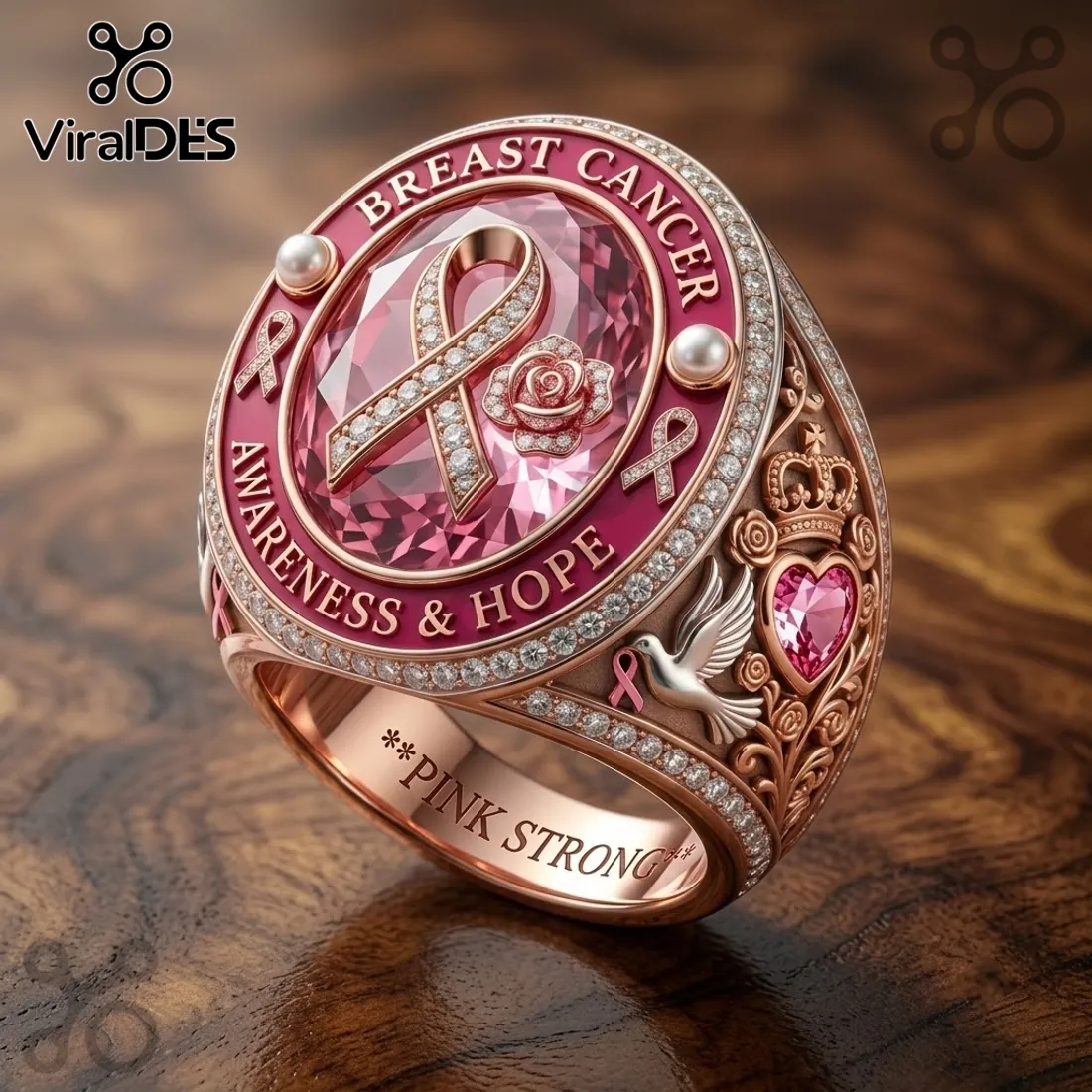 Breast Cancer Awareness Pink Crystal Ribbon Rose Ring Breast Cancer Awareness Pink Crystal Ribbon Rose Ring