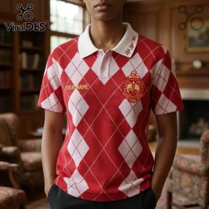 Delta Sigma Theta Argyle Custom Polo Shirt featuring red and white diamond patterns with an embroidered sorority crest.