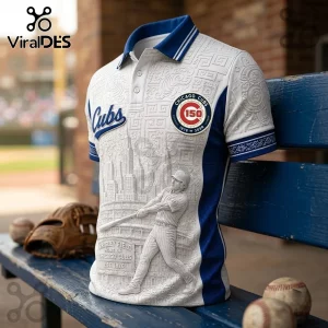 Chicago Cubs 150th Anniversary white polo shirt with 3D baseball player graphic, team logos, and blue collar detail.