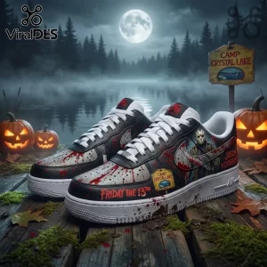 Jason Voorhees Friday The 13th Custom Air Force 1 Sneakers with blood splatter, hockey mask art, and Camp Crystal Lake logo.