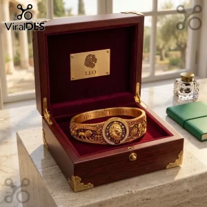 Lion Strength Horoscope Gold Bracelet inside a dark wooden box with a velvet interior and a gold Leo zodiac plaque.