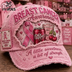 Dr Pepper Breast Cancer Awareness Pink Distressed Baseball Cap featuring a ribbon, soda can, cherries, and embroidered text.