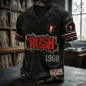 Rush Rock Band Limited Edition Distressed T-Shirt featuring a black acid wash fabric, red band logo, and 1968 detailing.