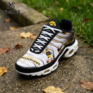 Iowa Hawkeyes NFL Champion Air Max Plus Running Sneakers featuring black, gold, and white colors with mascot graphics.