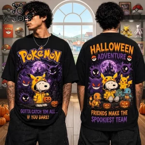 Snoopy x Pokemon Spooky 2026 Halloween T-Shirt features Pikachu-costumed Snoopy, Gengar, and classic Pokemon in purple.