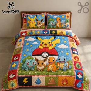 Pokemon Character Pikachu Eevee Quilt Bedding Set features multi-colored panels with Bulbasaur, Charmander, and Squirtle.