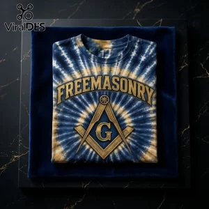 Freemasonry Premium Tie-Dye T-Shirt featuring a blue and gold sunburst pattern with a prominent square and compass icon.