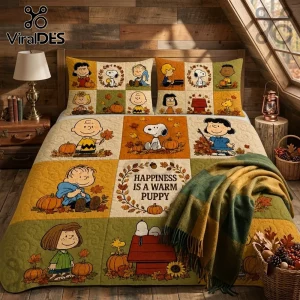 Peanuts Snoopy Autumn Pumpkin Quilt Set featuring Charlie Brown characters, pumpkins, and fall leaves on a wooden bed frame.