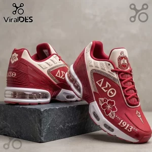 Delta Sigma Theta Red Edition Air Max Plus Sneakers featuring crimson and cream panels, Greek letters, and floral motifs.