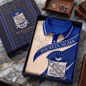 Phi Beta Sigma 1914 Heritage Polo Shirt in blue and cream with fraternity crest and embroidered detailing in gift box.