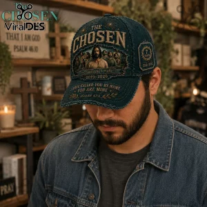 The Chosen 7th Anniversary Premium Denim Cap featuring a distressed blue fabric finish and gold embroidery graphics.