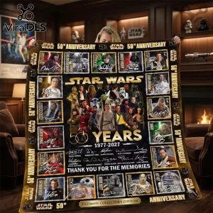 Star Wars 50th Anniversary 1977-2027 quilt blanket featuring cast portraits, character signatures, and a gold logo border.